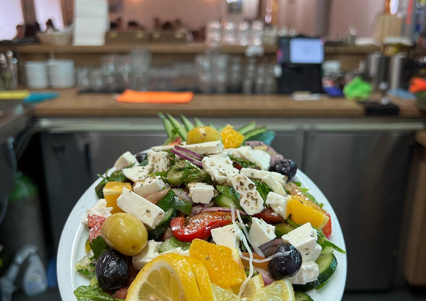 Sef Kemal's fresh Mediterranean salad with feta cheese served in our restaurant's nice athmosphere